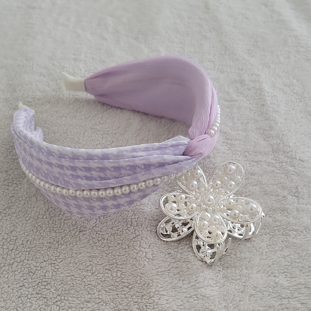 Lavender Headband with Pearls and Silver Flower Clip